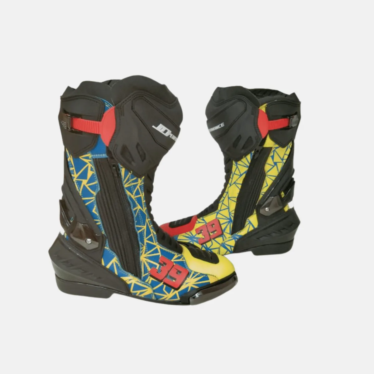 JD Performance Race Boots – Yellow & Blue Geometric