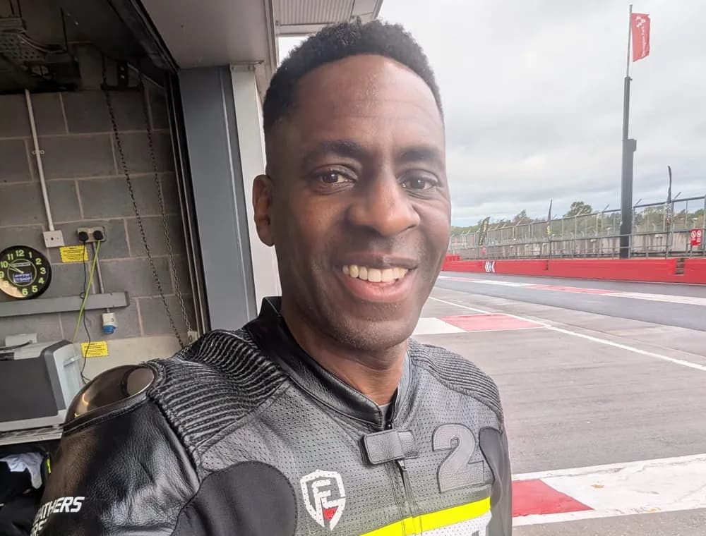 Aaron in the Donington Park pit lane wearing his custom Leathers First leather race suit